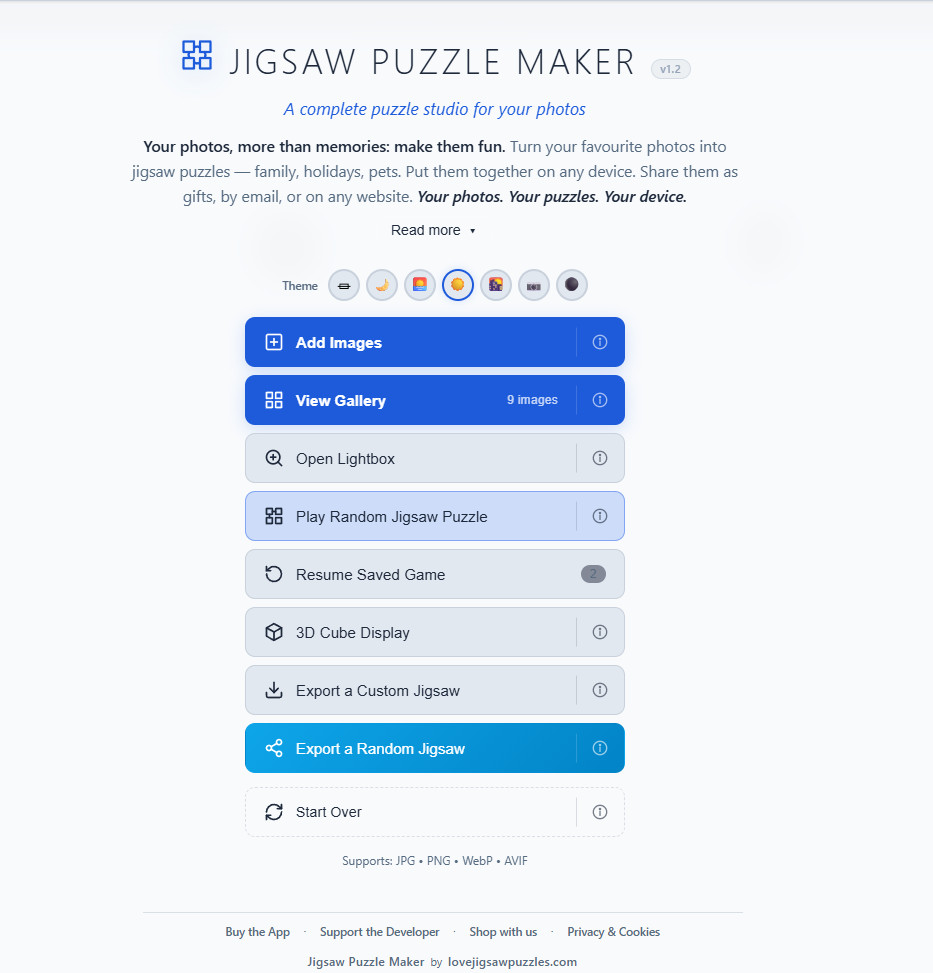 The Jigsaw Puzzle Maker app running as a single self-contained file with no install required